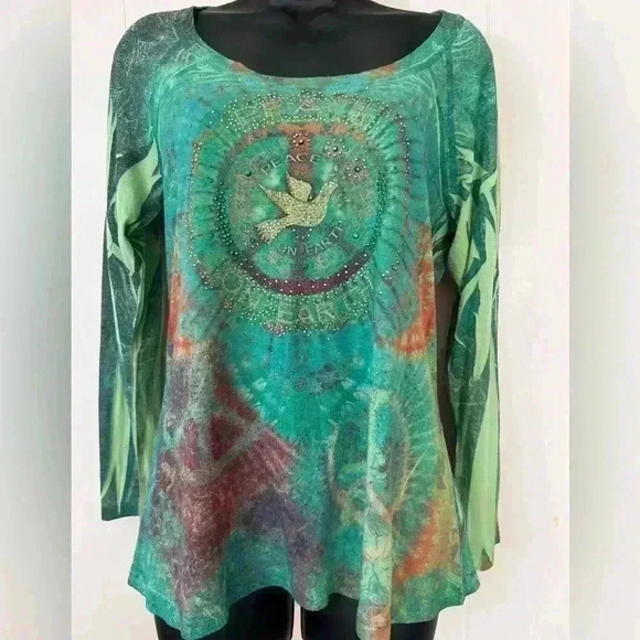 Dress Barn Petite Women's Sz PM Peace On Earth Peacock Teal Long Sleeve Top - Picture 1 of 4
